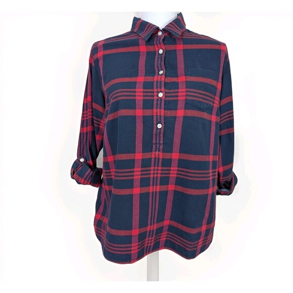 Tommy Hilfiger Tops - Tommy Hilfiger Top Womens L Red Blue Plaid Roll Tab Sleeve Cotton Preppy Shirt